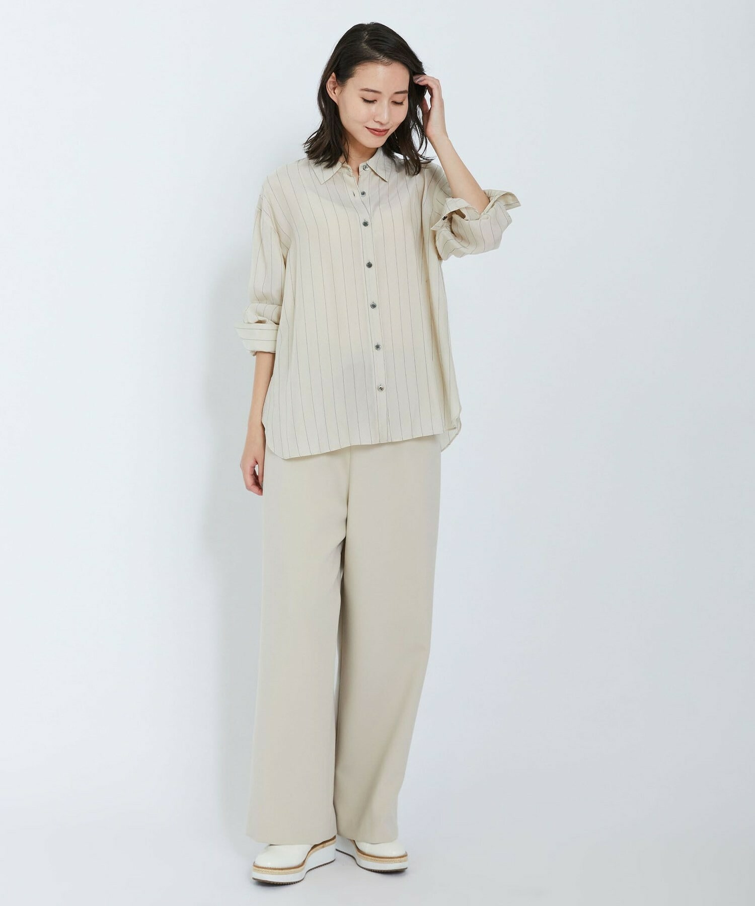 【L'EQUIPE】キュプラコットンストライプシャツ 詳細画像 ベージュ系その他 1