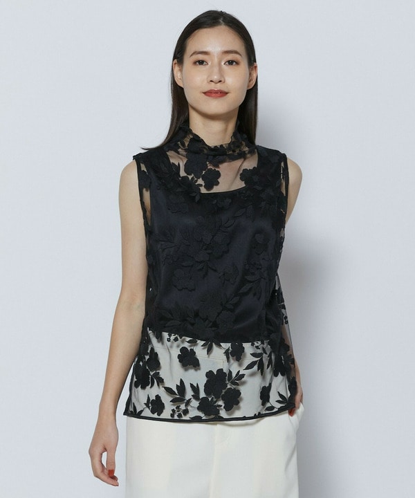 【COUTURIER】フラワーエンブロイダリーチュールノースリーブブラウス