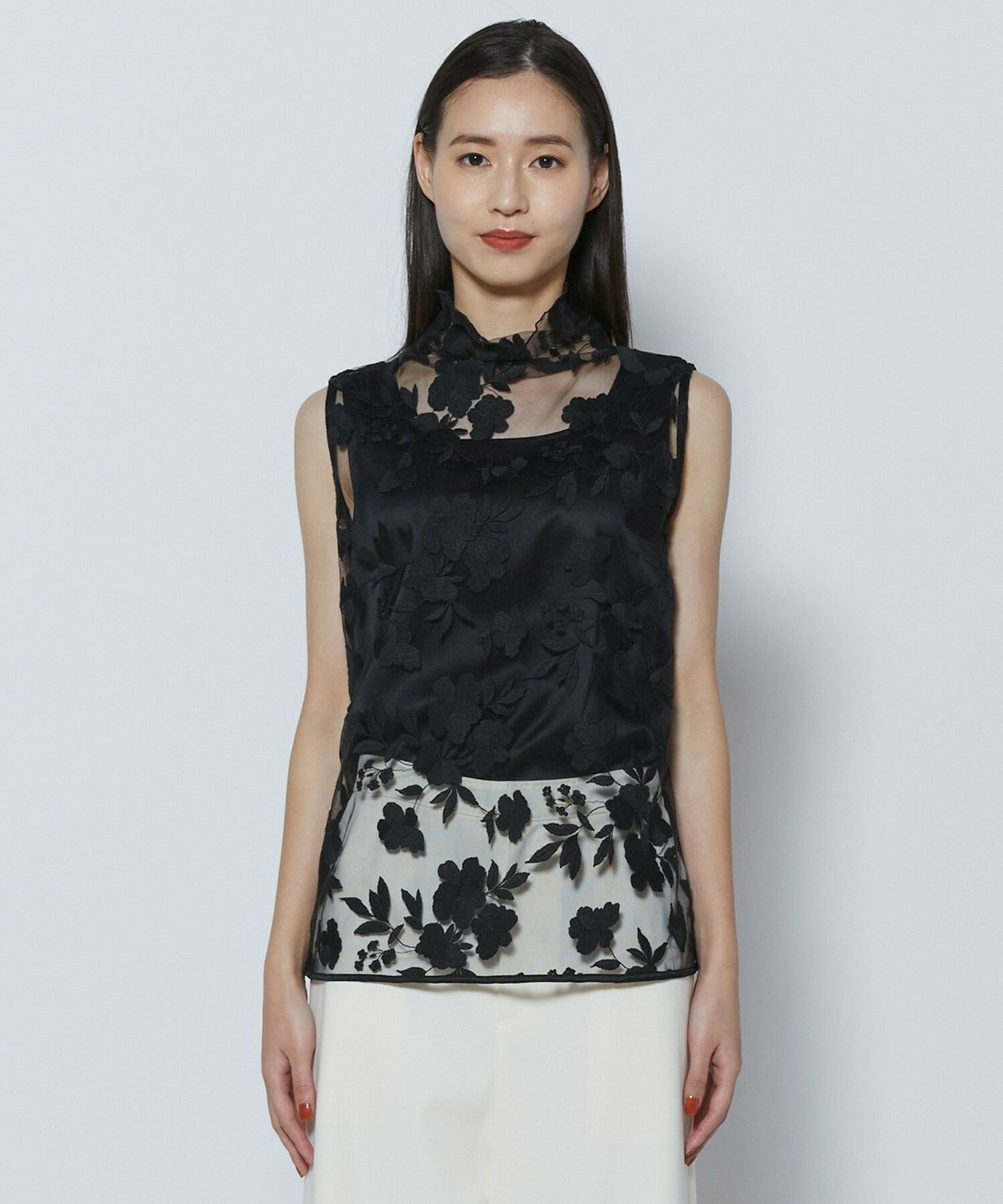 【COUTURIER】フラワーエンブロイダリーチュールノースリーブブラウス 詳細画像 ブラック 9