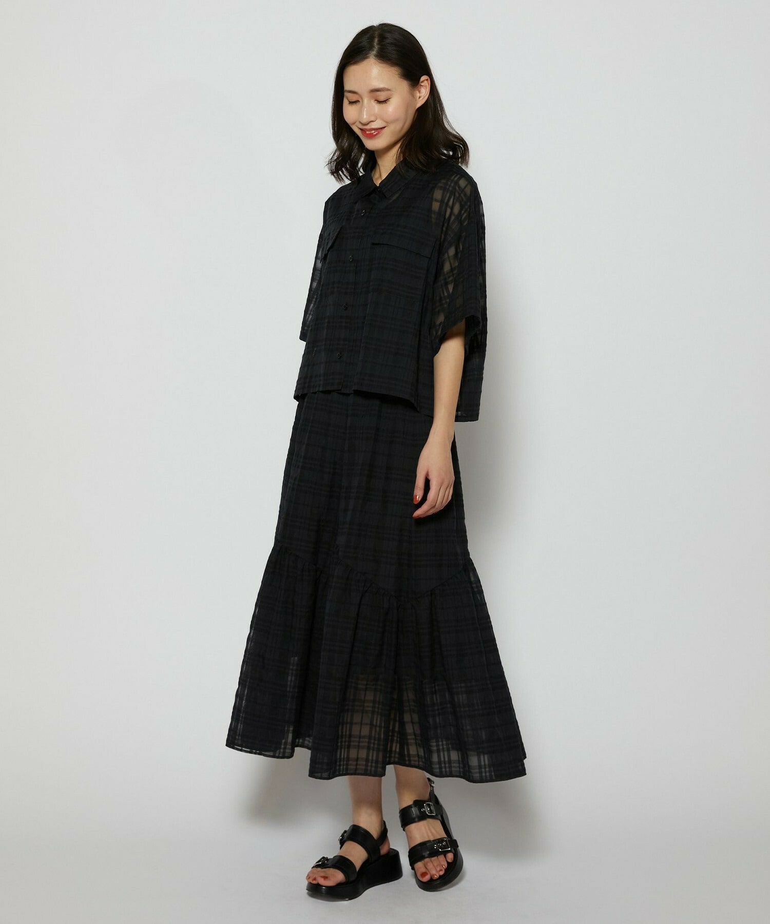 【L'EQUIPE】シアーチェックスカート 詳細画像 ブラック系その他 2