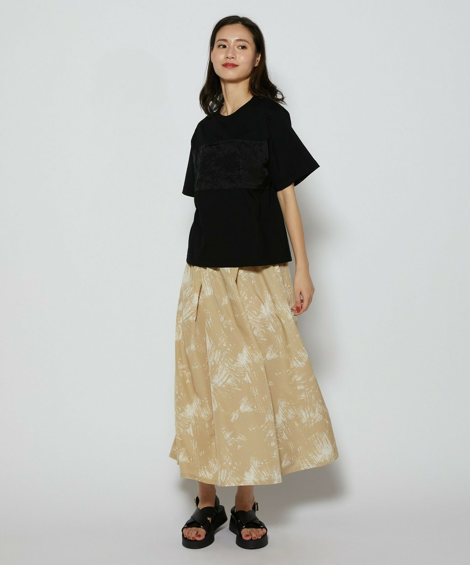 【L'EQUIPE】ブラッシュプリントスカート 詳細画像 ブラック系その他 3