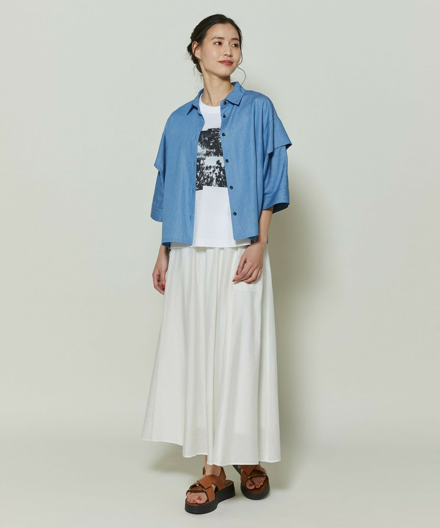 【GREEN】コットンリヨセルダンガリースクエアボリュームスリーブシャツ 詳細画像 ライトブルー 3