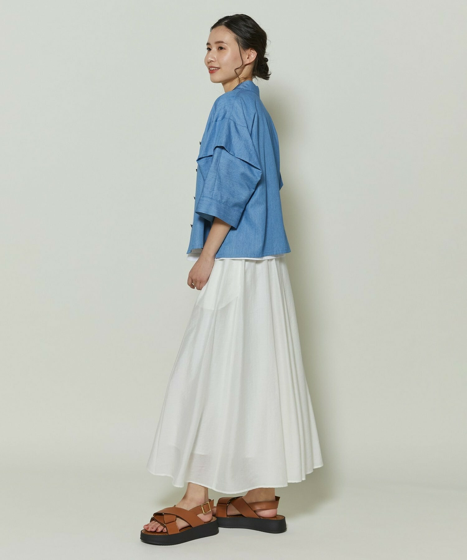 【GREEN】コットンリヨセルダンガリースクエアボリュームスリーブシャツ 詳細画像 ライトブルー 4