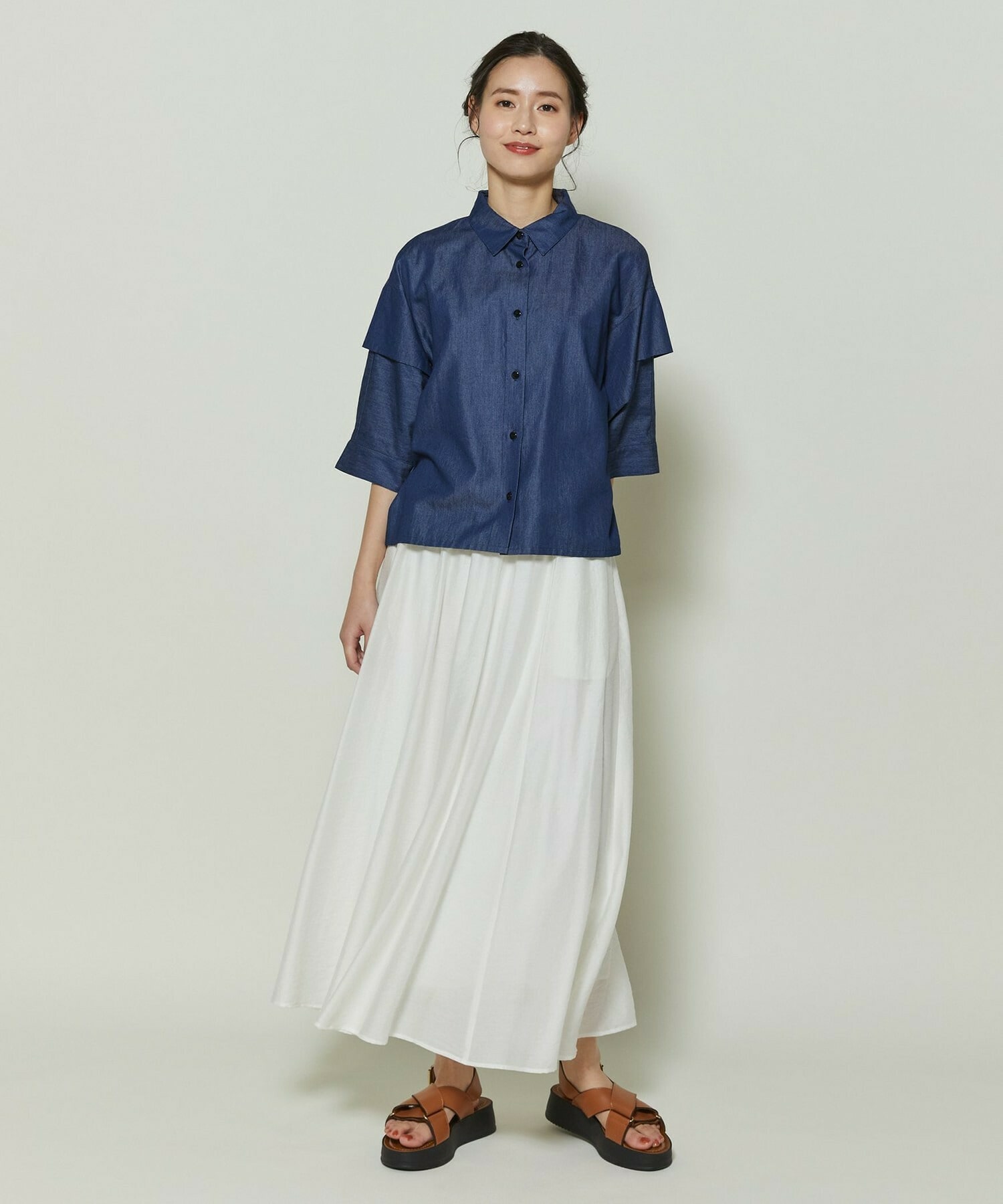 【GREEN】コットンリヨセルダンガリースクエアボリュームスリーブシャツ 詳細画像 ライトブルー 7