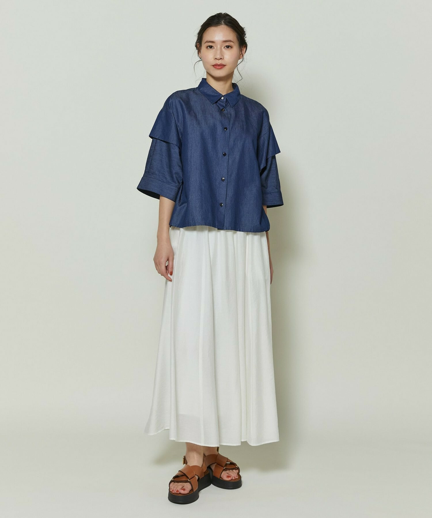 【GREEN】コットンリヨセルダンガリースクエアボリュームスリーブシャツ 詳細画像 ライトブルー 8