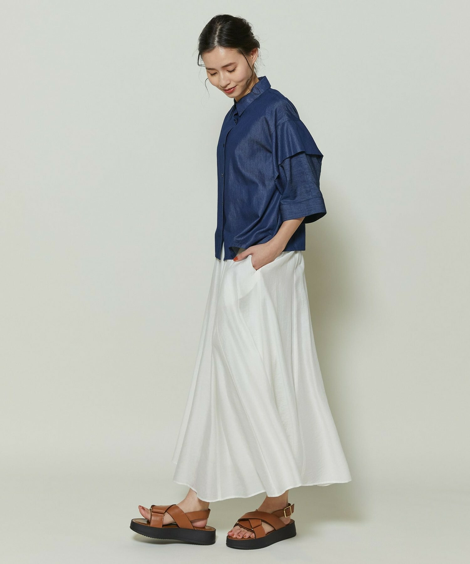 【GREEN】コットンリヨセルダンガリースクエアボリュームスリーブシャツ 詳細画像 ライトブルー 9