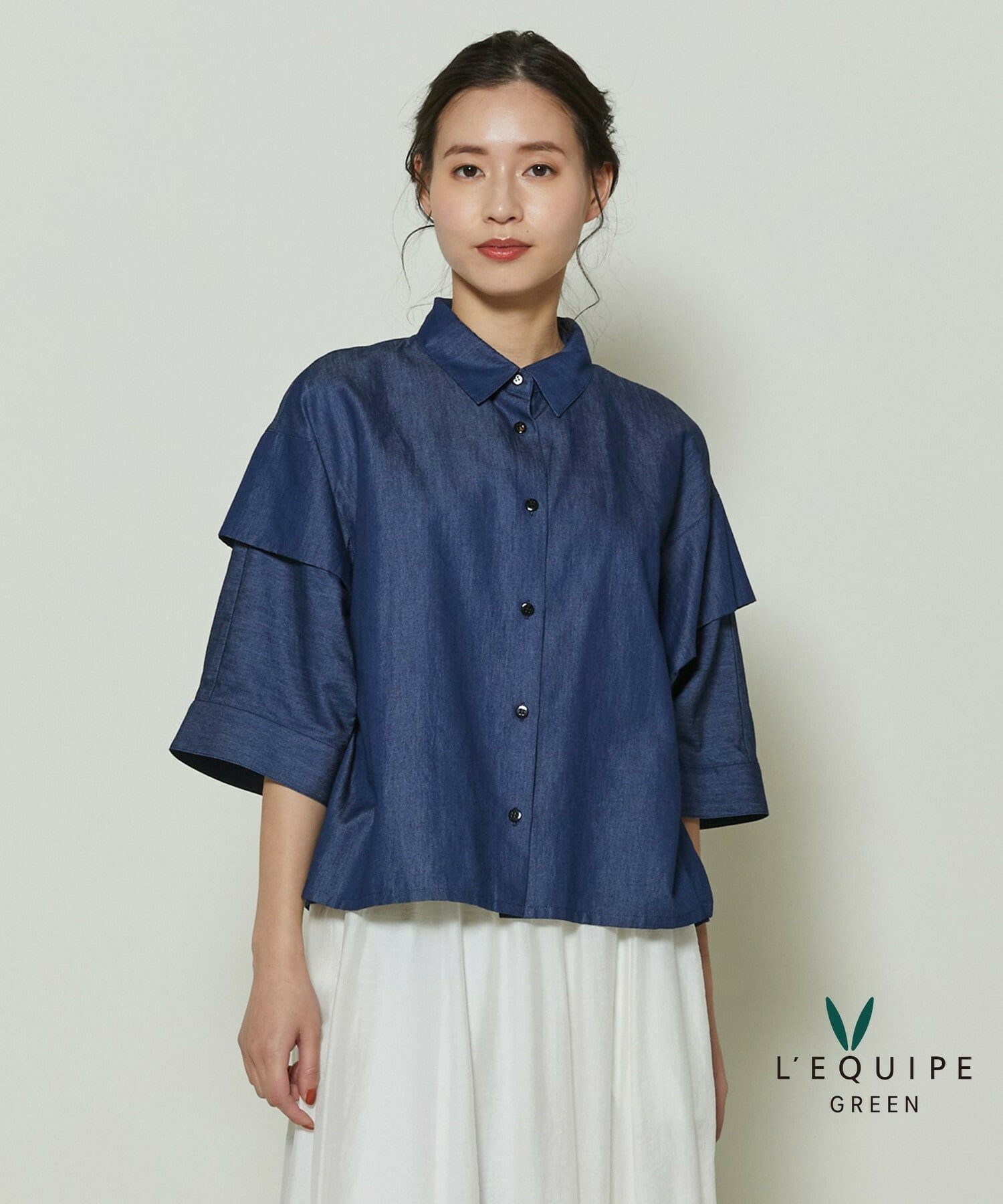 【GREEN】コットンリヨセルダンガリースクエアボリュームスリーブシャツ 詳細画像 ライトブルー 1