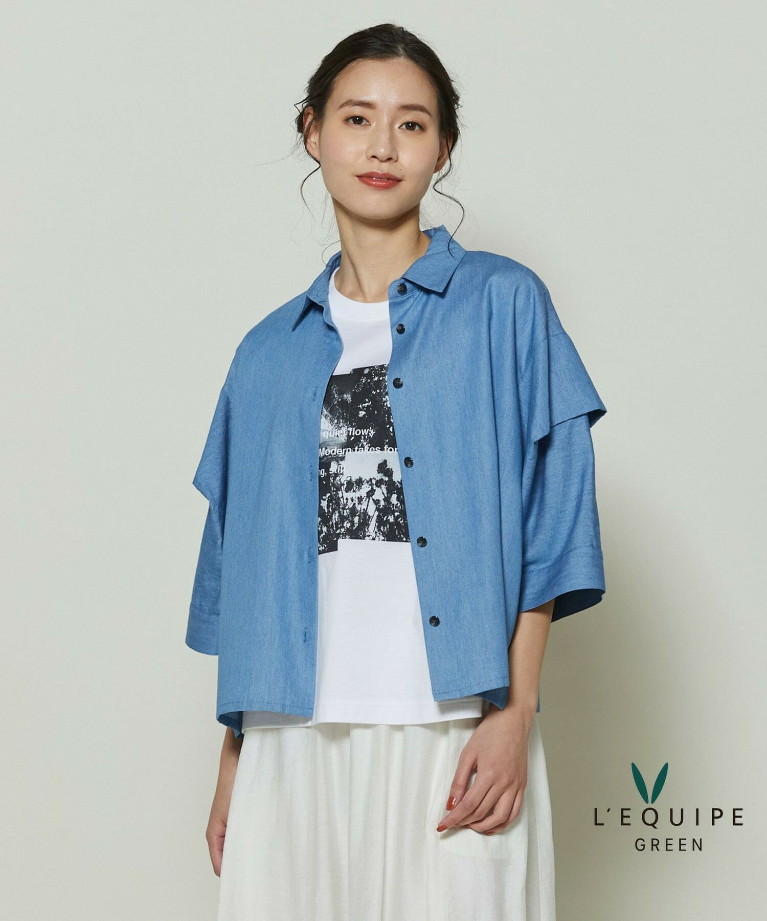 【GREEN】コットンリヨセルダンガリースクエアボリュームスリーブシャツ 詳細画像 ブルー系その他 1