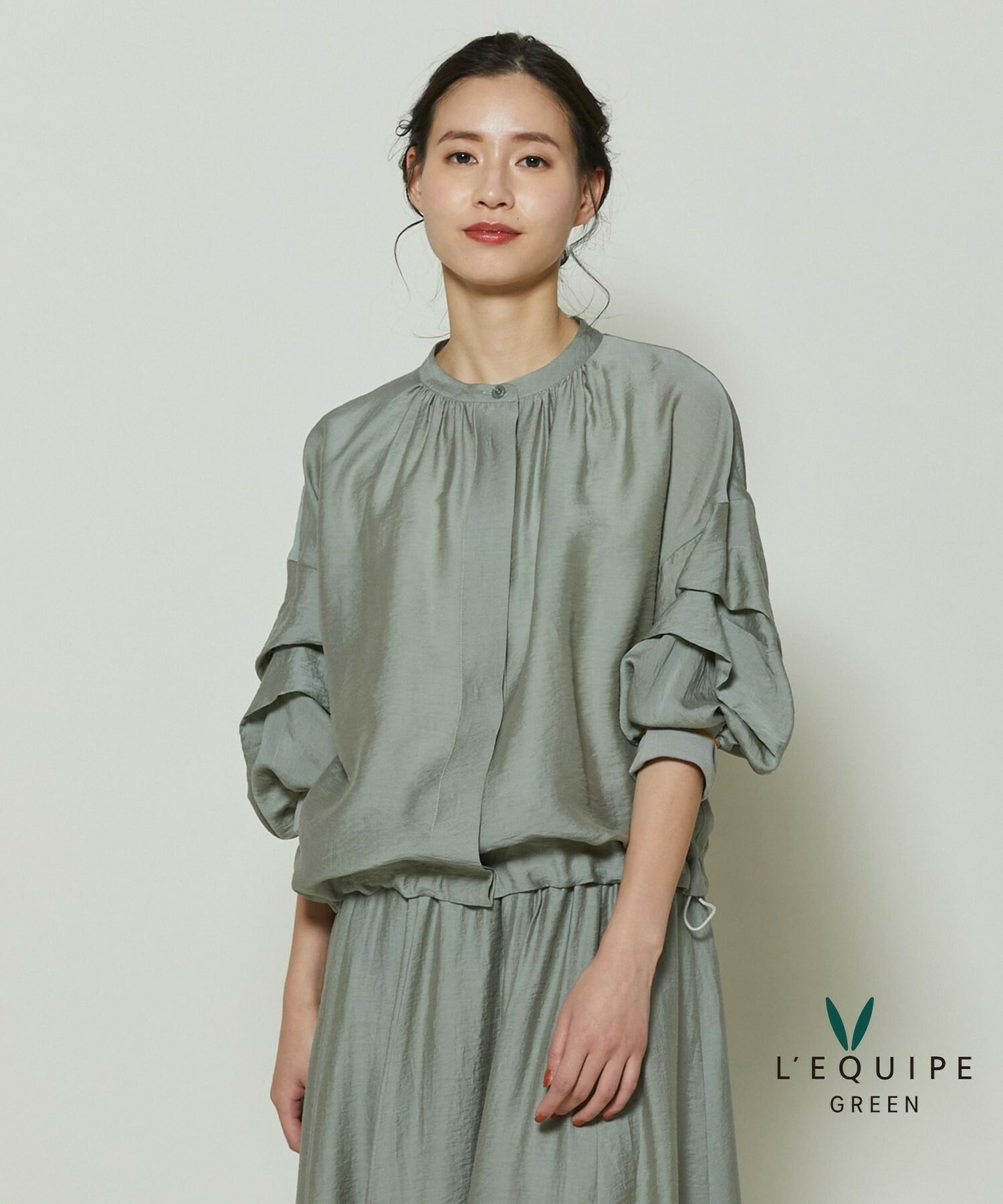 【GREEN】シルク混エアリー平織ブラウス 詳細画像 グリーン 1