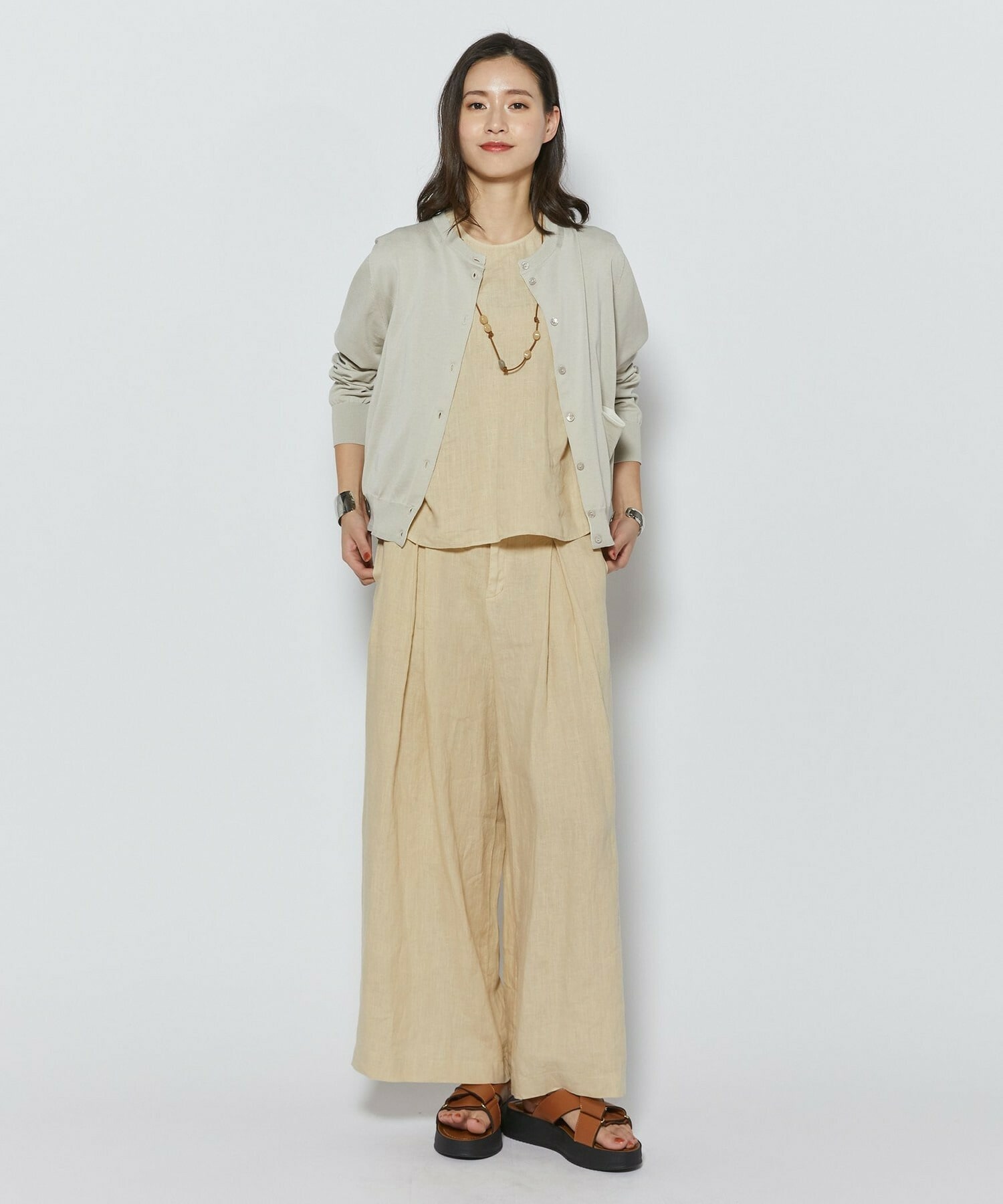 【L'EQUIPE】綿シルク配色ニットカーディガン 詳細画像 ライトグリーン 1