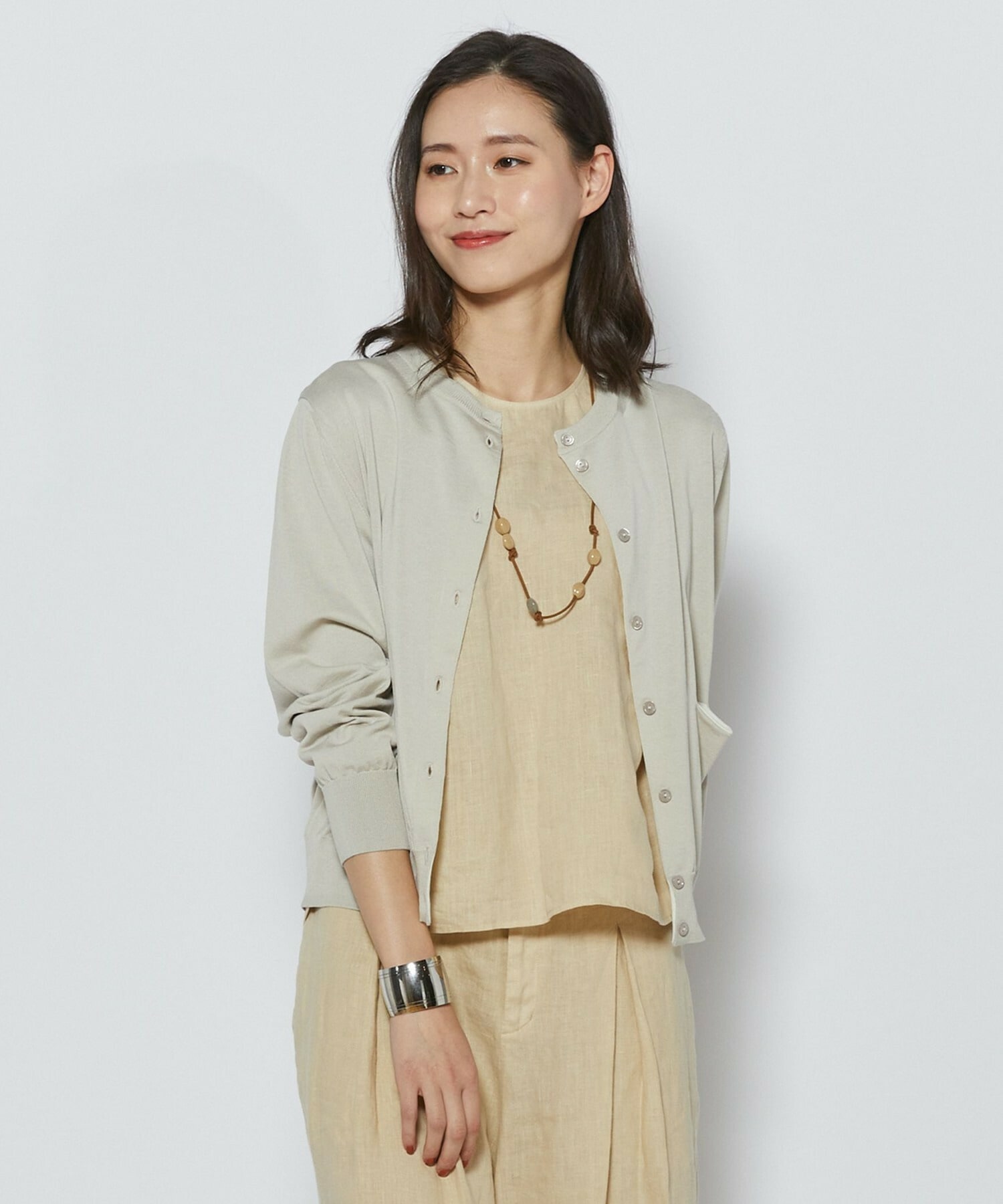 【L'EQUIPE】綿シルク配色ニットカーディガン 詳細画像 ベージュ 1