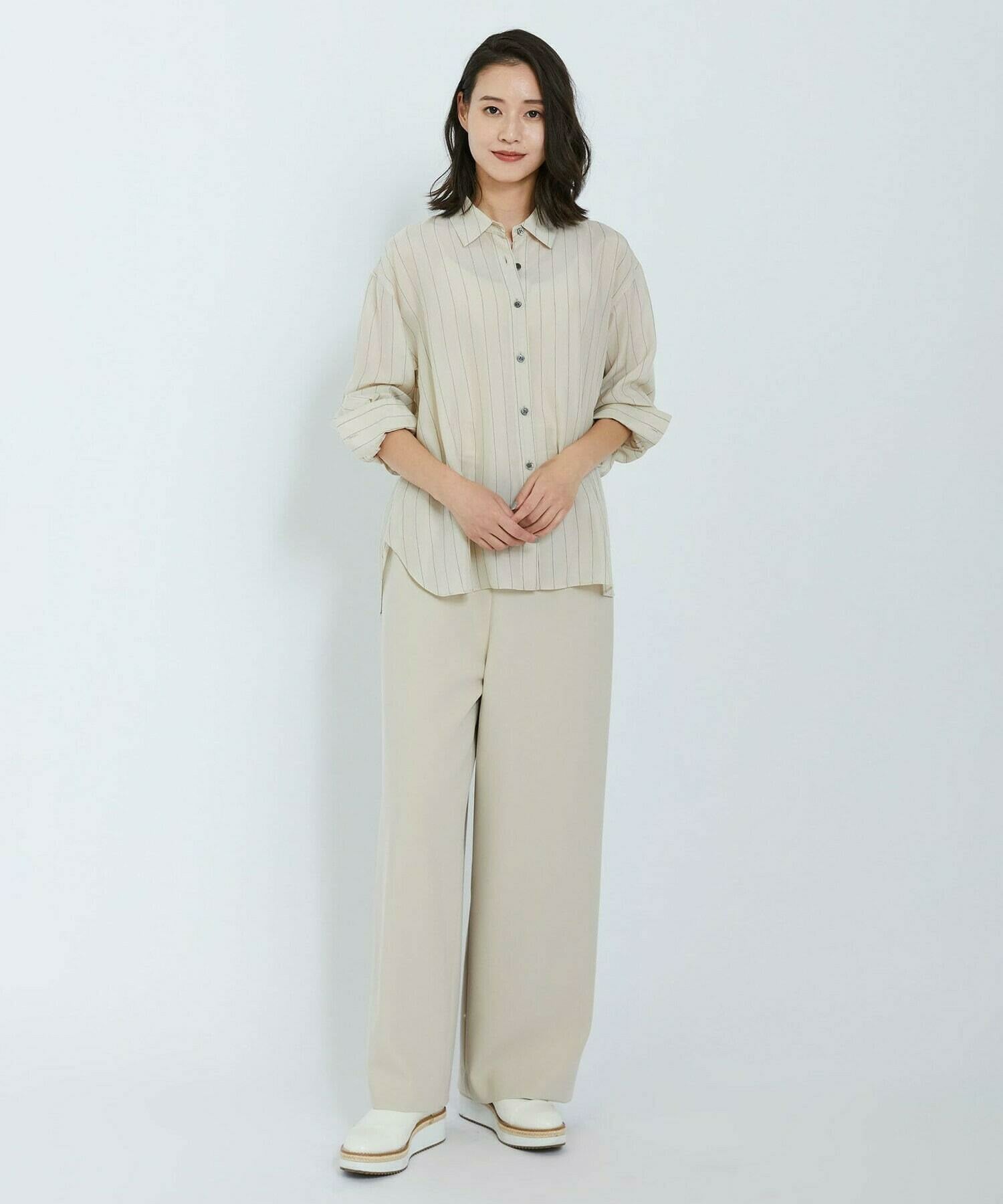 【L'EQUIPE】【Lサイズ】キュプラコットンストライプシャツ 詳細画像 ベージュ系その他 1