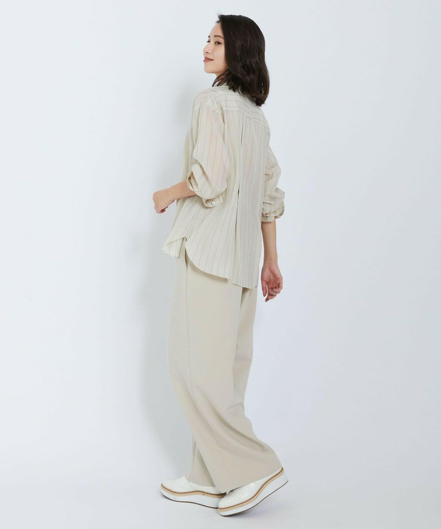 【L'EQUIPE】【Lサイズ】キュプラコットンストライプシャツ 詳細画像 ベージュ系その他 2