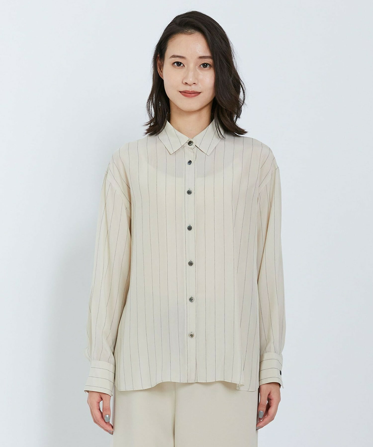 【L'EQUIPE】【Lサイズ】キュプラコットンストライプシャツ 詳細画像 ベージュ系その他 8